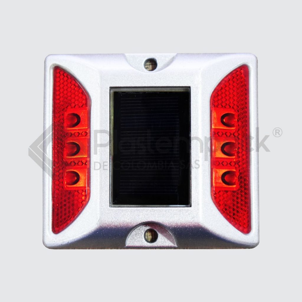 Tacha Solar Roja En Aluminio Con 6 Leds